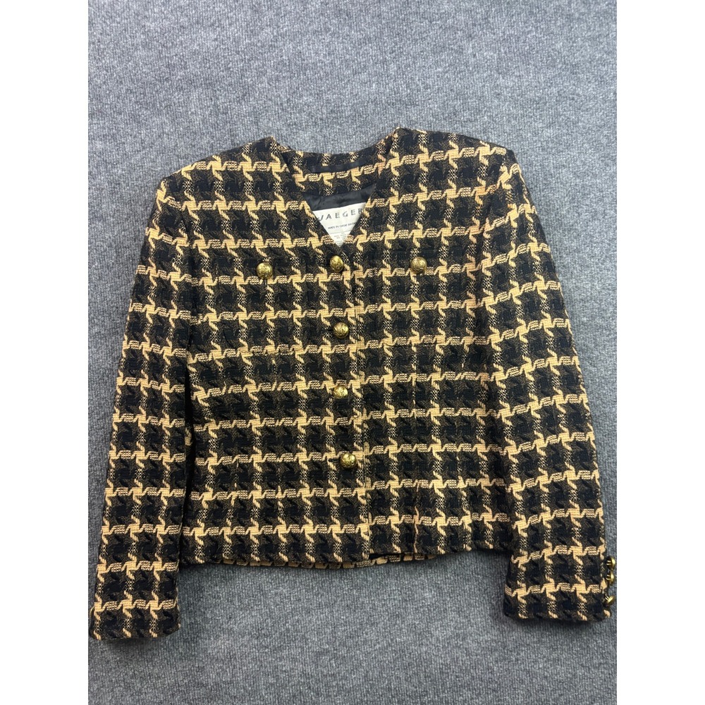Jaeger Houndstooth Blazer Women Size 6 Black Tan Wool Blend Gold Button Jacket
